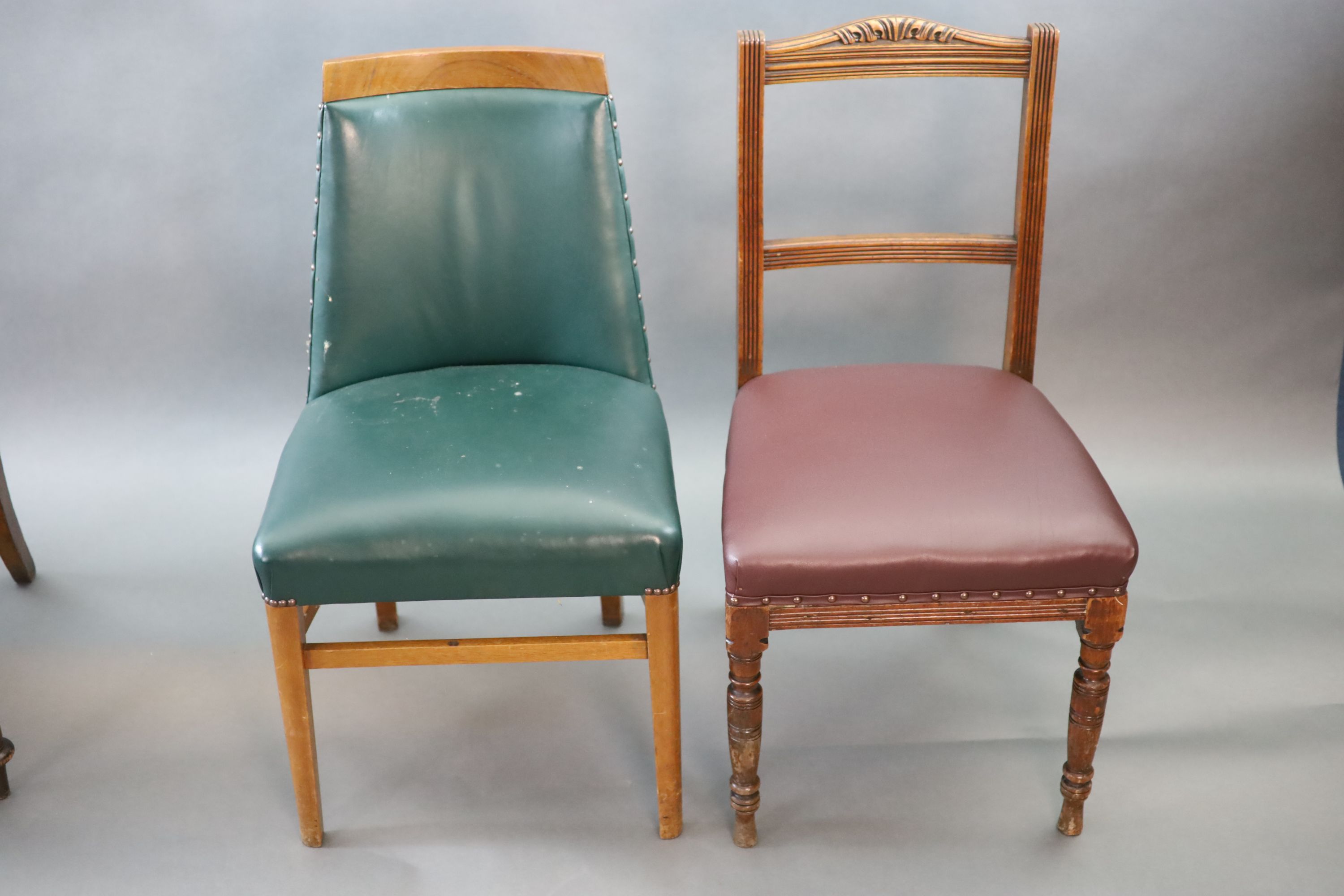 Six chairs from the Libary of the Royal College of Surgeons, including two Victorian balloon back, a marquetry inlaid Edwardian example and a 1940's green leatherette example